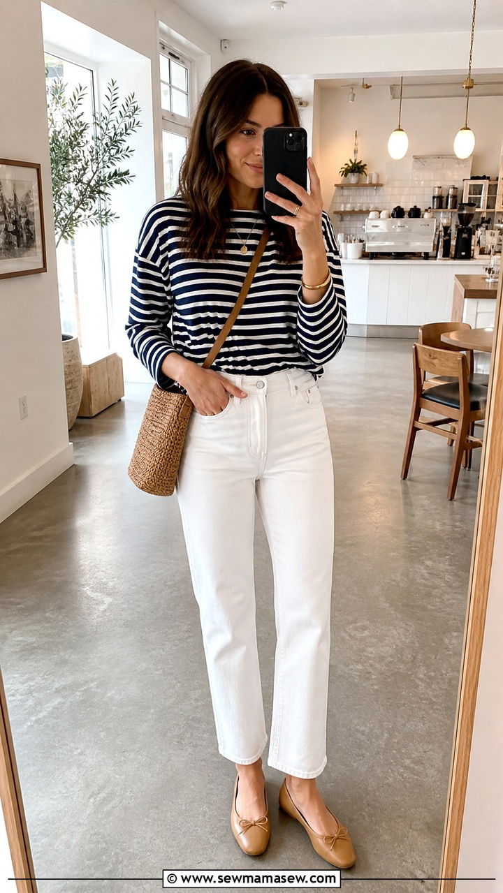 Striped long sleeve tee with white jeans - 40 What to wear in Sydney