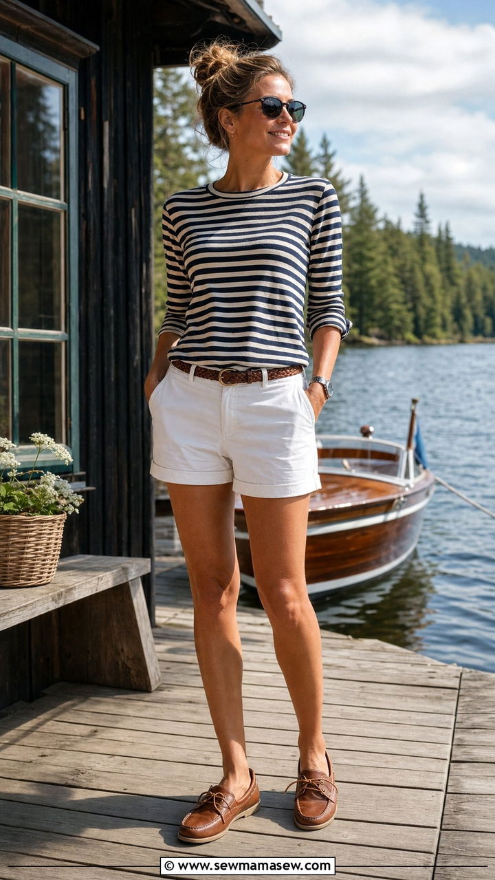 Striped long sleeve tee with white shorts and boat shoes - 25 Summer cabin outfits