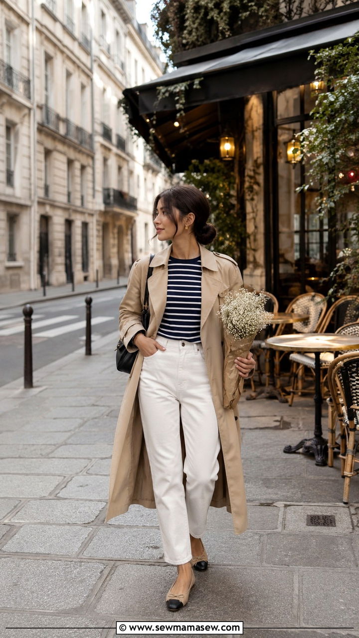Striped long sleeve with white jeans and trench coat - 30 Travel outfit ideas petite women