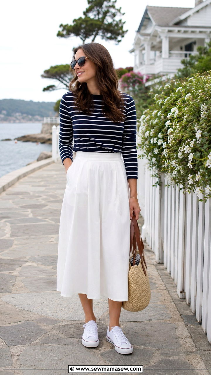 Striped long sleeve with white midi skirt and sneakers - 30 Midi skirt outfit ideas with sneakers