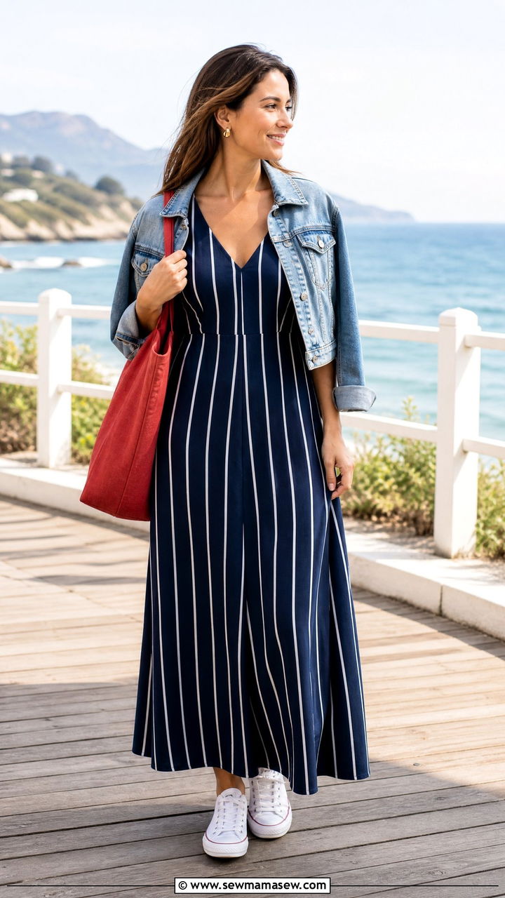 Striped maxi dress and denim jacket outfit - 30 Summer capsule wardrobe over 40