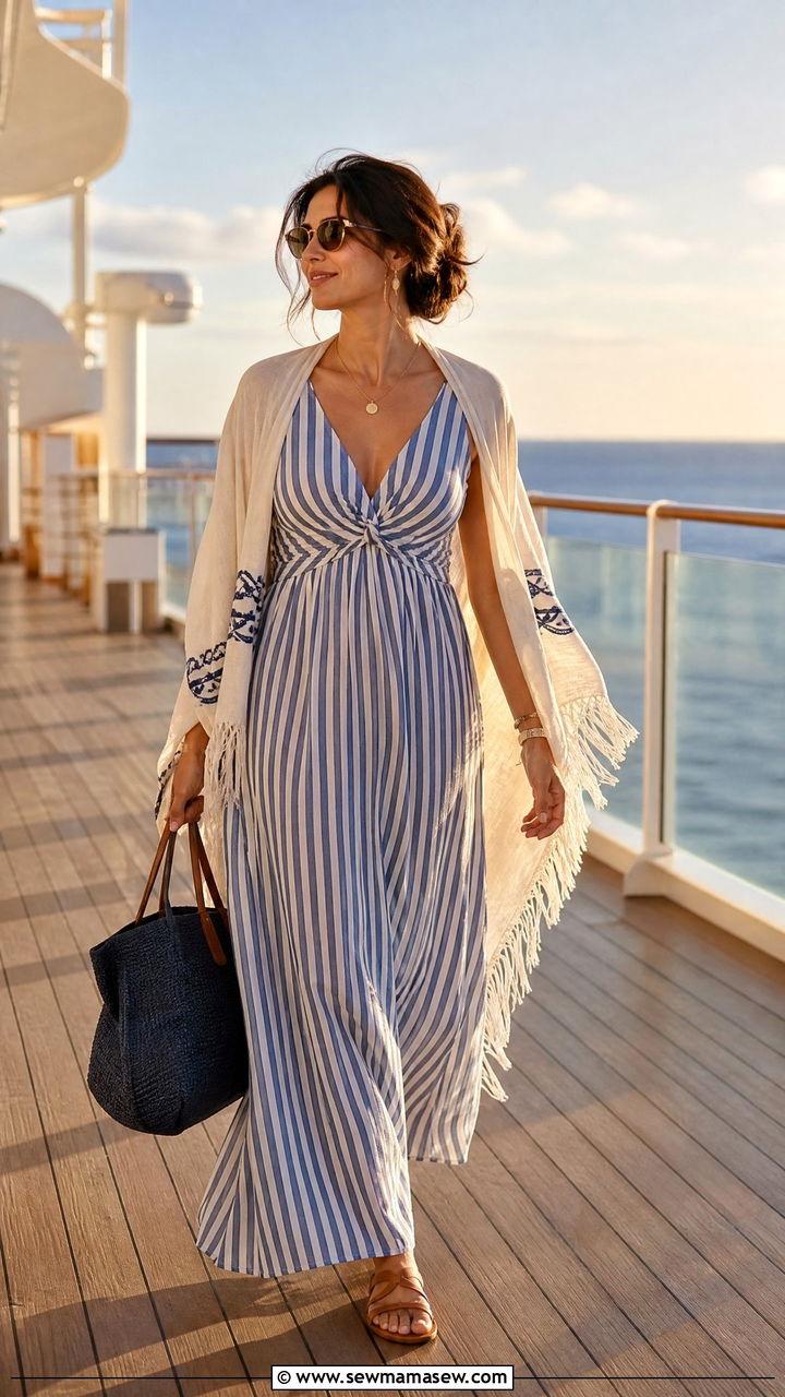 Striped maxi dress and flat sandals - 25 Celebrity cruise outfit ideas