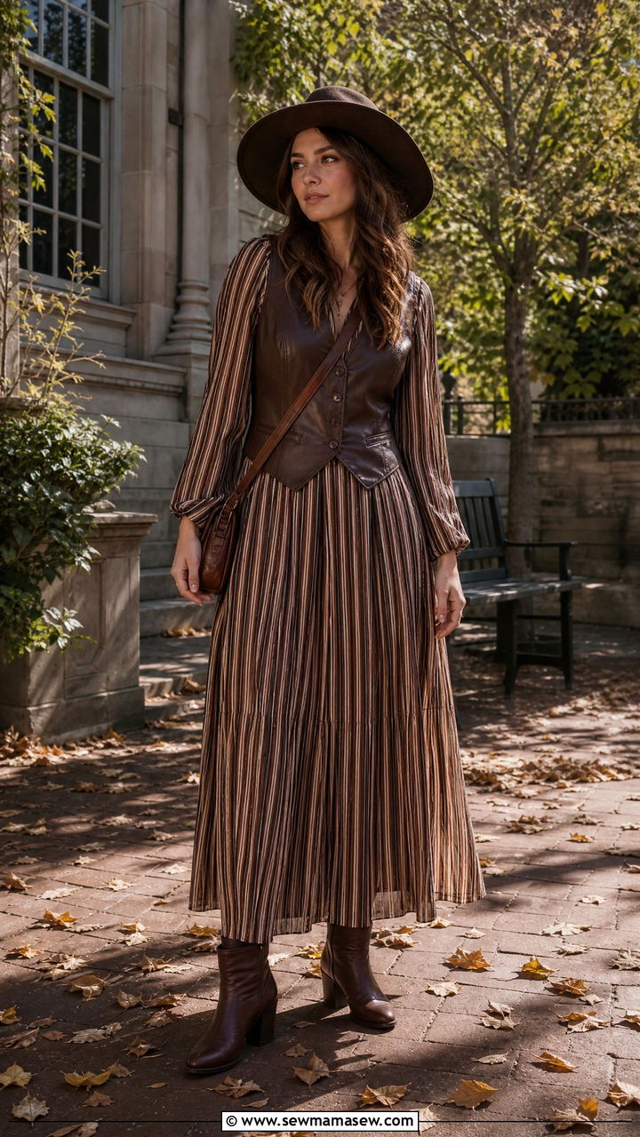 Striped maxi dress and leather vest - 30 Dark academia school outfits