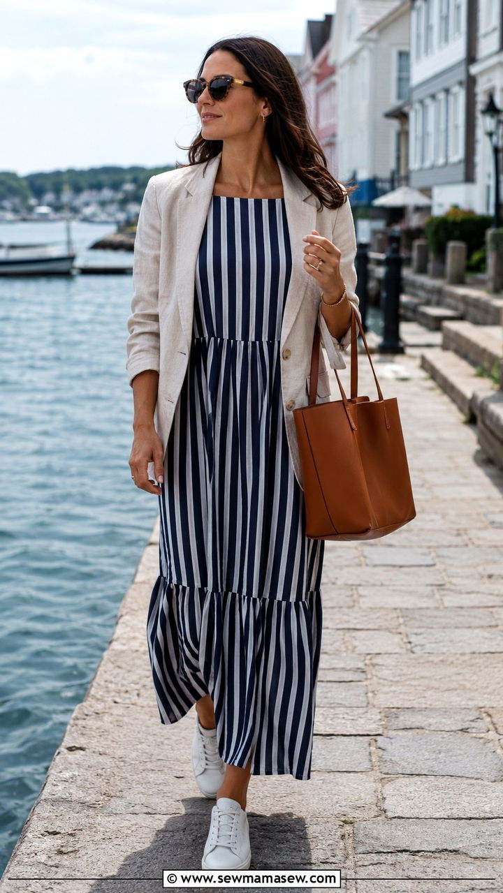 Striped maxi dress with classic sneakers - 30 Maxi dress with sneakers outfit ideas