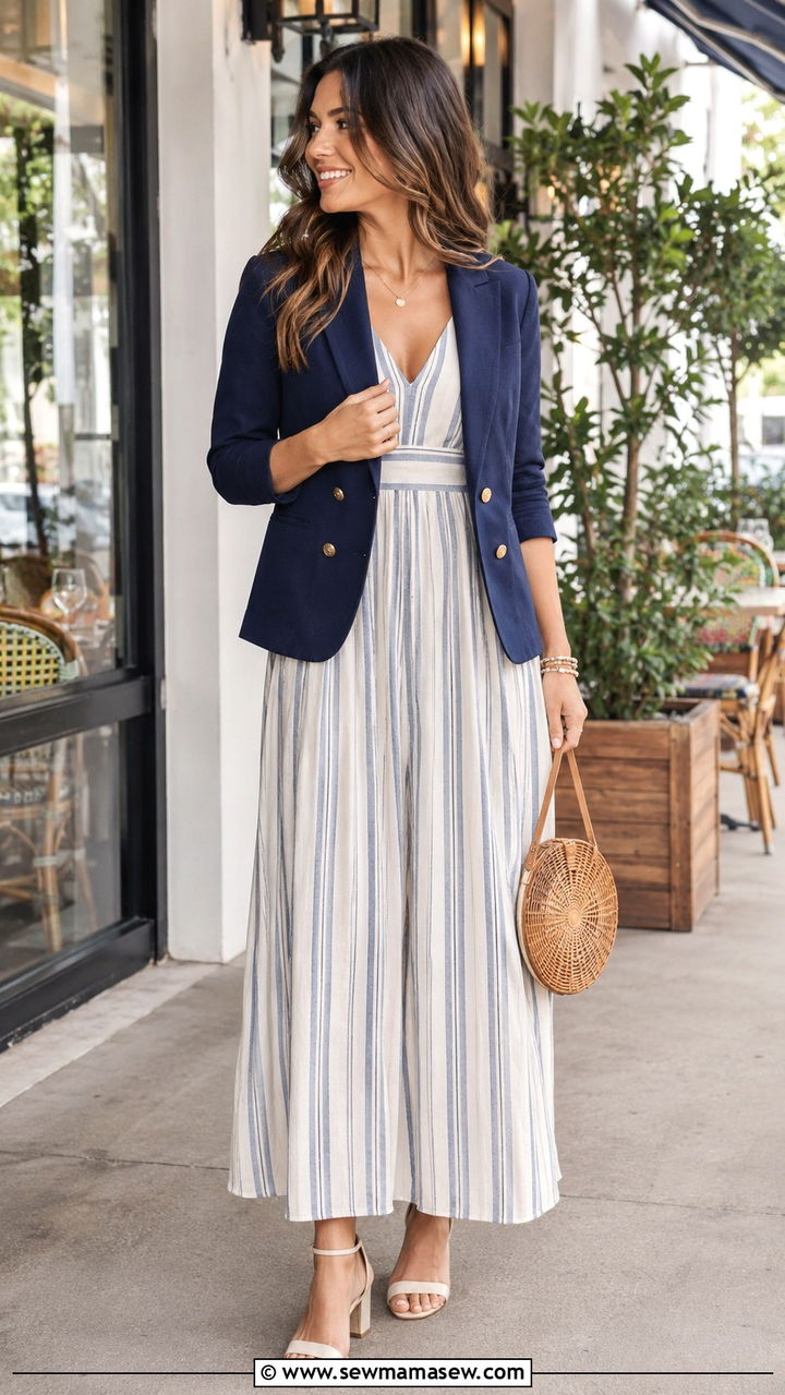 Striped maxi dress with navy blazer outfit - 30 Maxi dress with a blazer outfit ideas