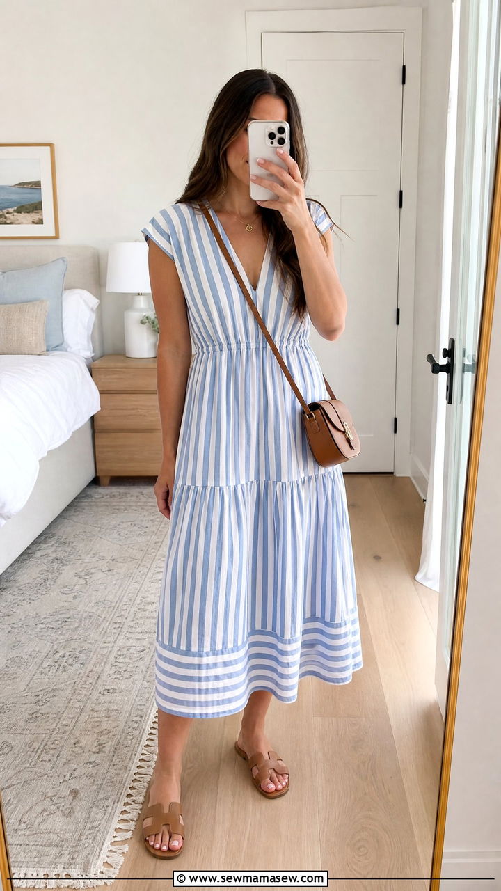 Striped midi dress and sandals outfit - 30 summer striped outfit ideas