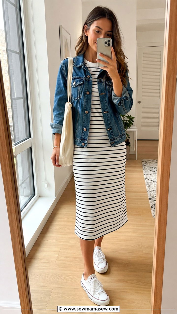Striped midi dress with a denim jacket and canvas sneakers - 30 Midi dress outfit ideas with a denim jacket