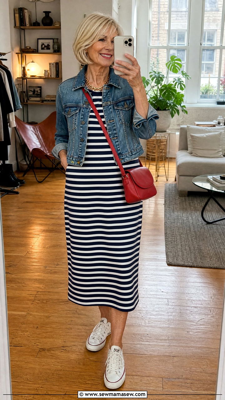 Striped midi dress with a denim jacket - 30 French girl outfit ideas for women over 60