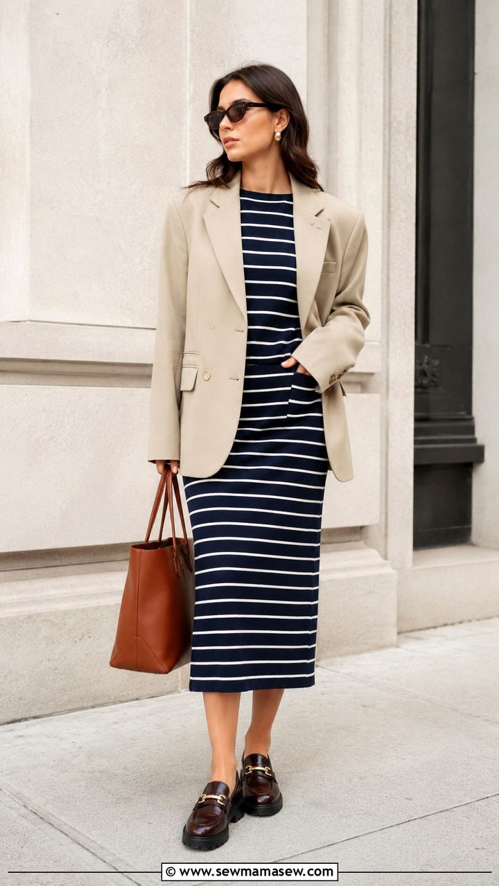 Striped midi dress with blazer and loafers - 30 Spring outfits with midi dresses