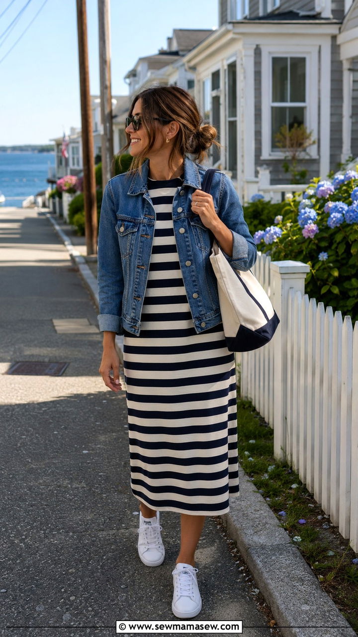 Striped midi dress with denim jacket - 30 Spring outfit ideas for realtor