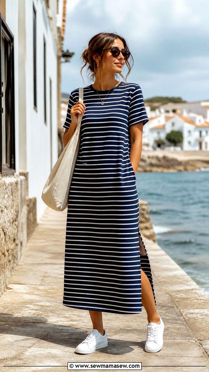 Striped midi dress with white sneakers - 40 midi dress outfit ideas