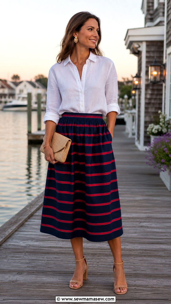 Striped midi skirt with linen blouse outfit - 30 Nantucket outfit ideas