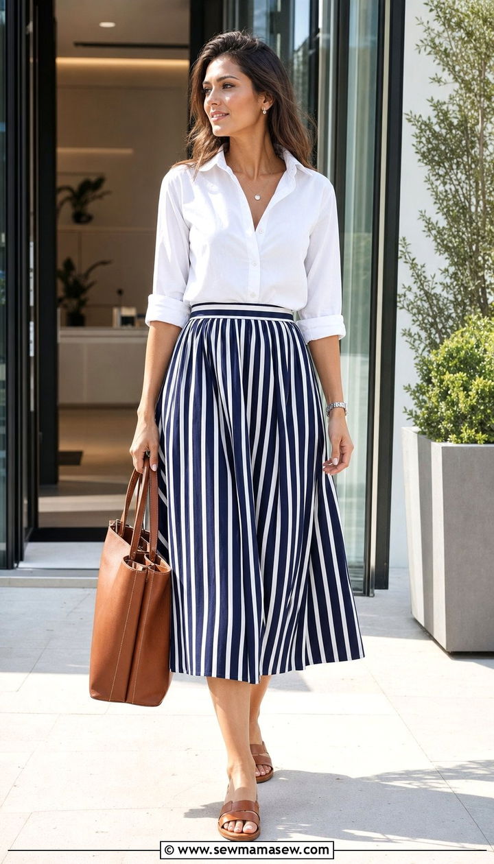Striped midi skirt with white button down - 25 summer midi skirt outfit ideas