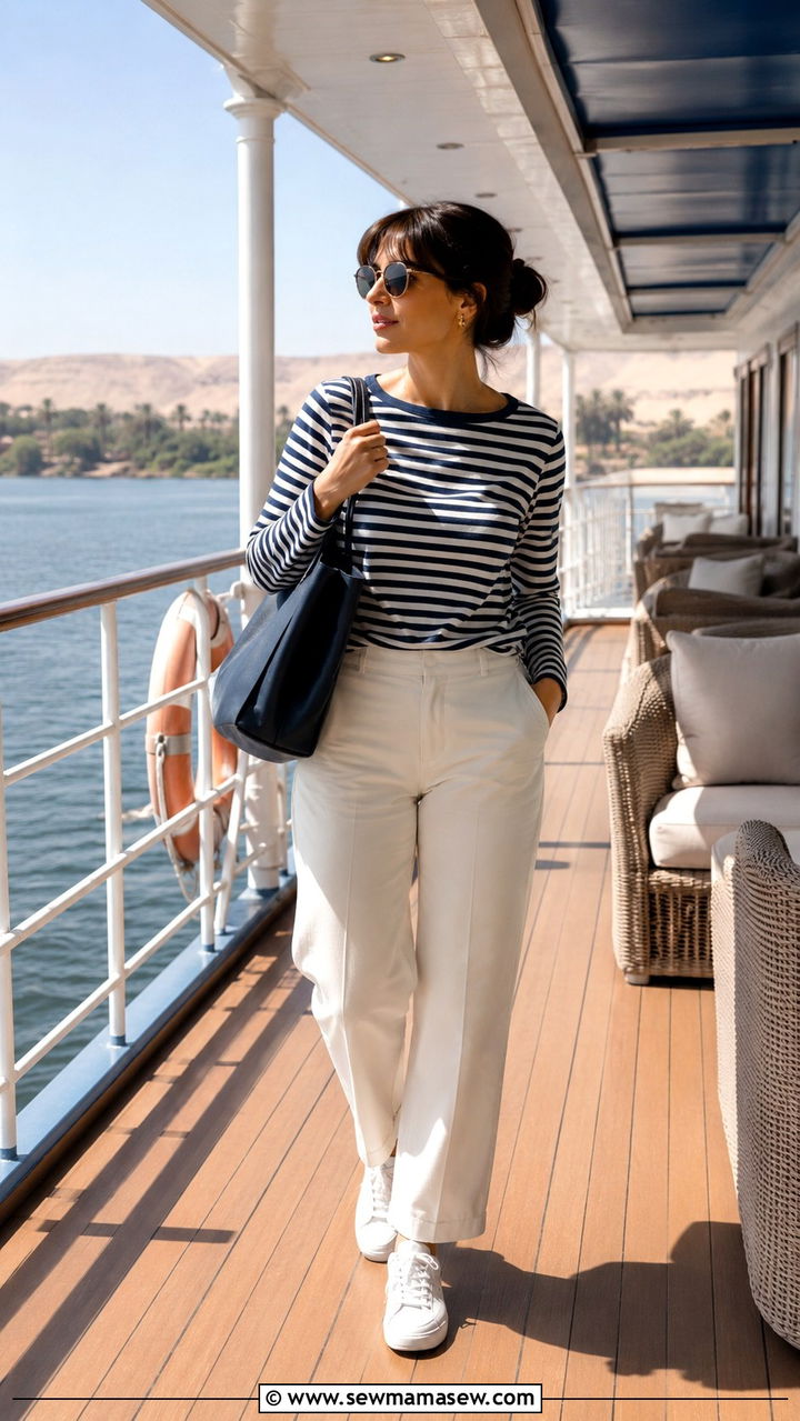 Striped nautical long sleeve tee with cream straight leg trousers - 30 Nile cruise outfit ideas