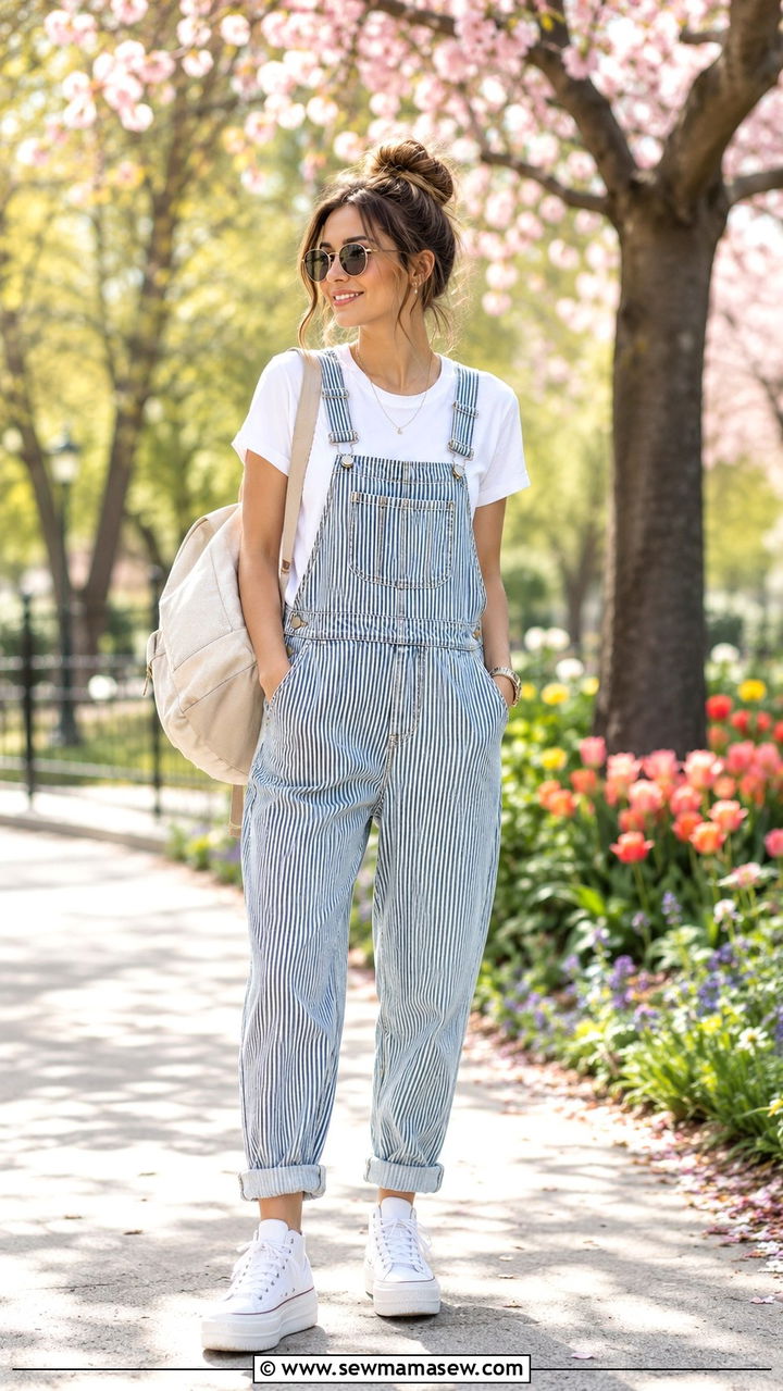 Striped overalls with tee - 30 spring striped outfit ideas