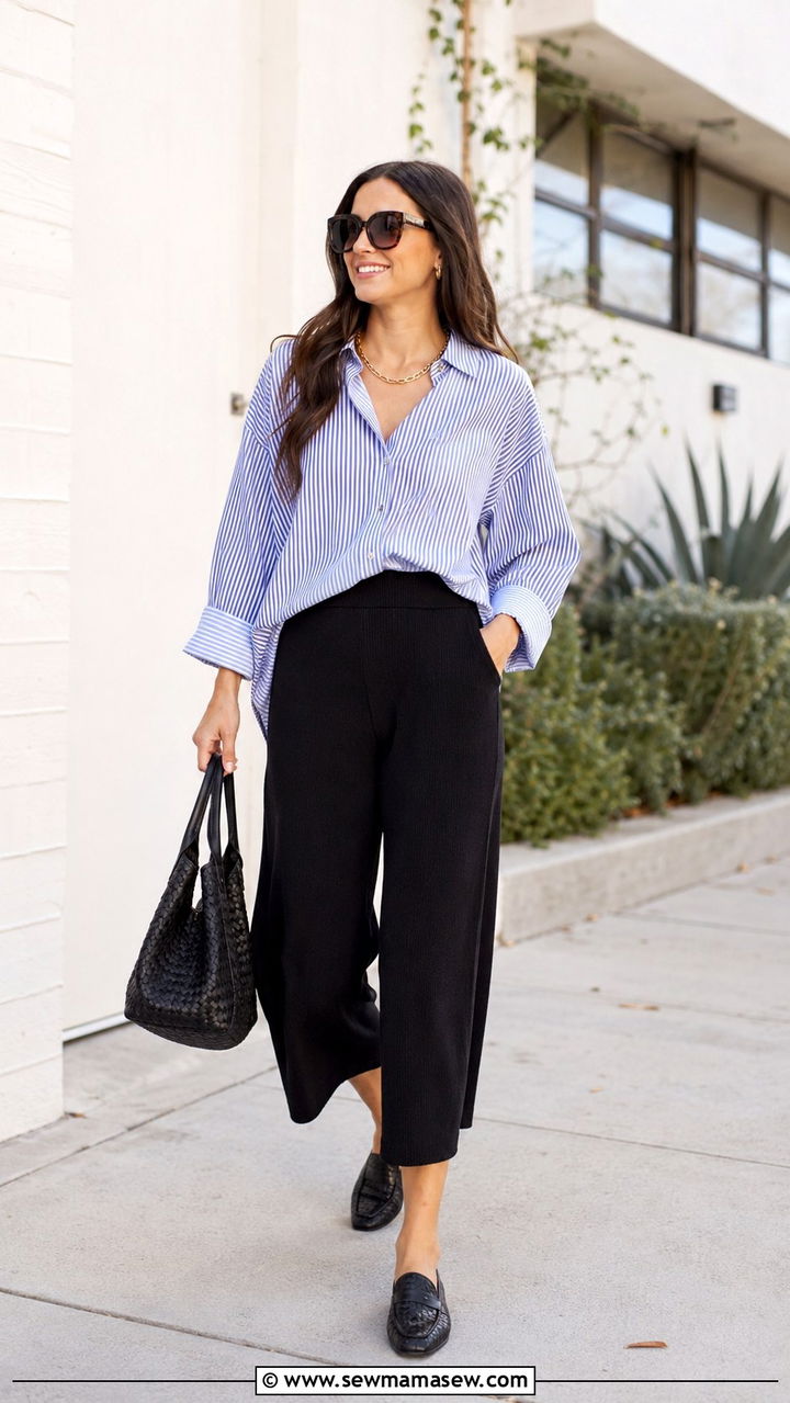 Striped oversized button down with black culottes - 30 Spring outfit ideas for work from home