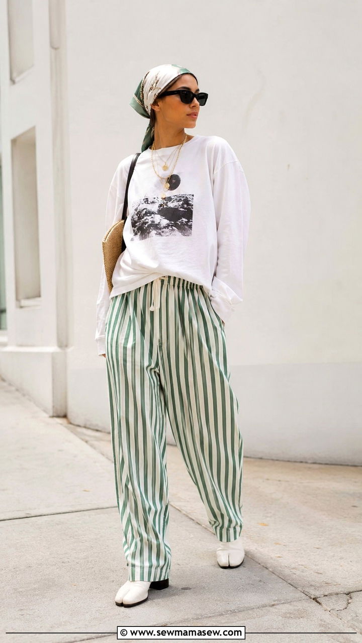 Striped pajama pants as daywear with graphic long sleeve tee - 25 Rihanna summer outfit ideas