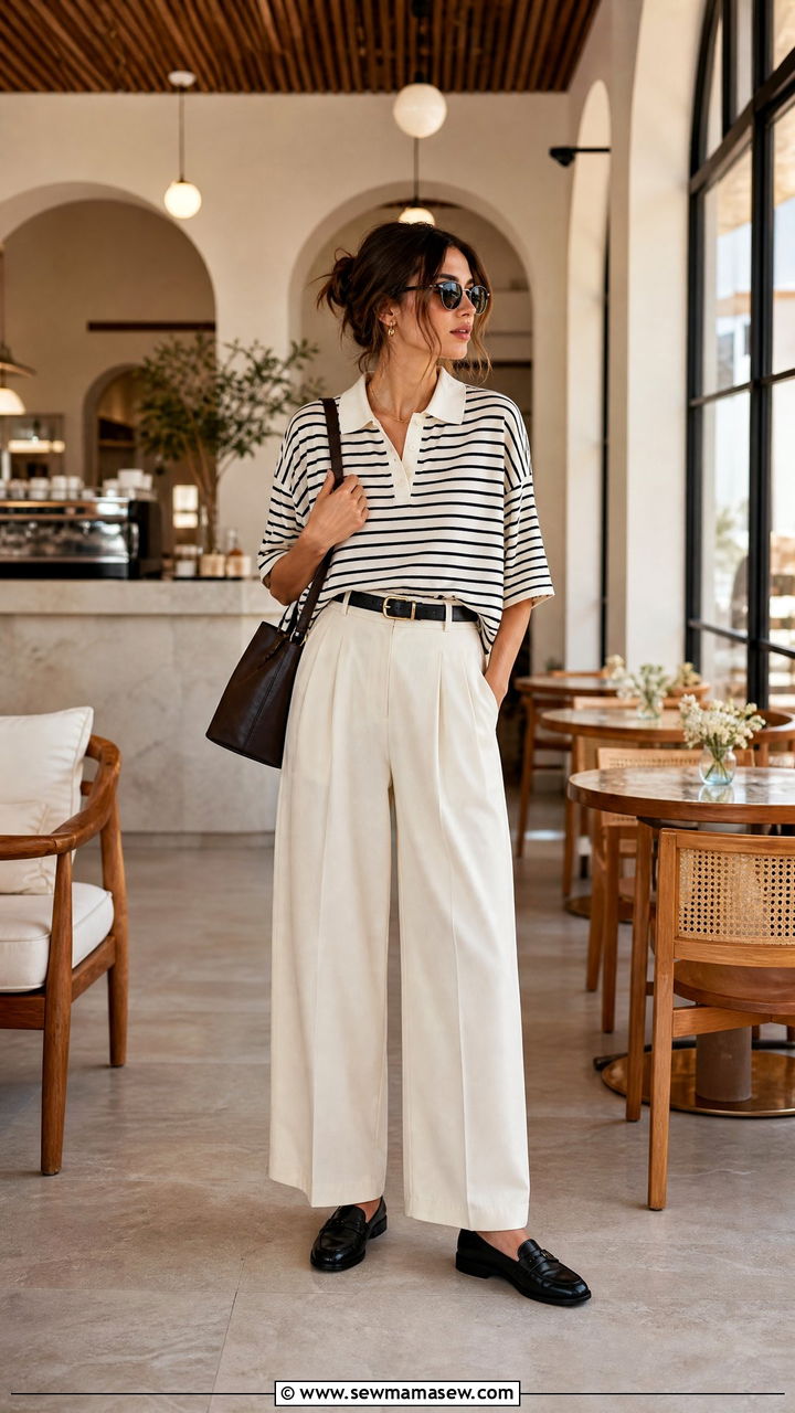 Striped polo shirt with tailored wide leg trousers and loafers - 30 classy sporty chic outfits