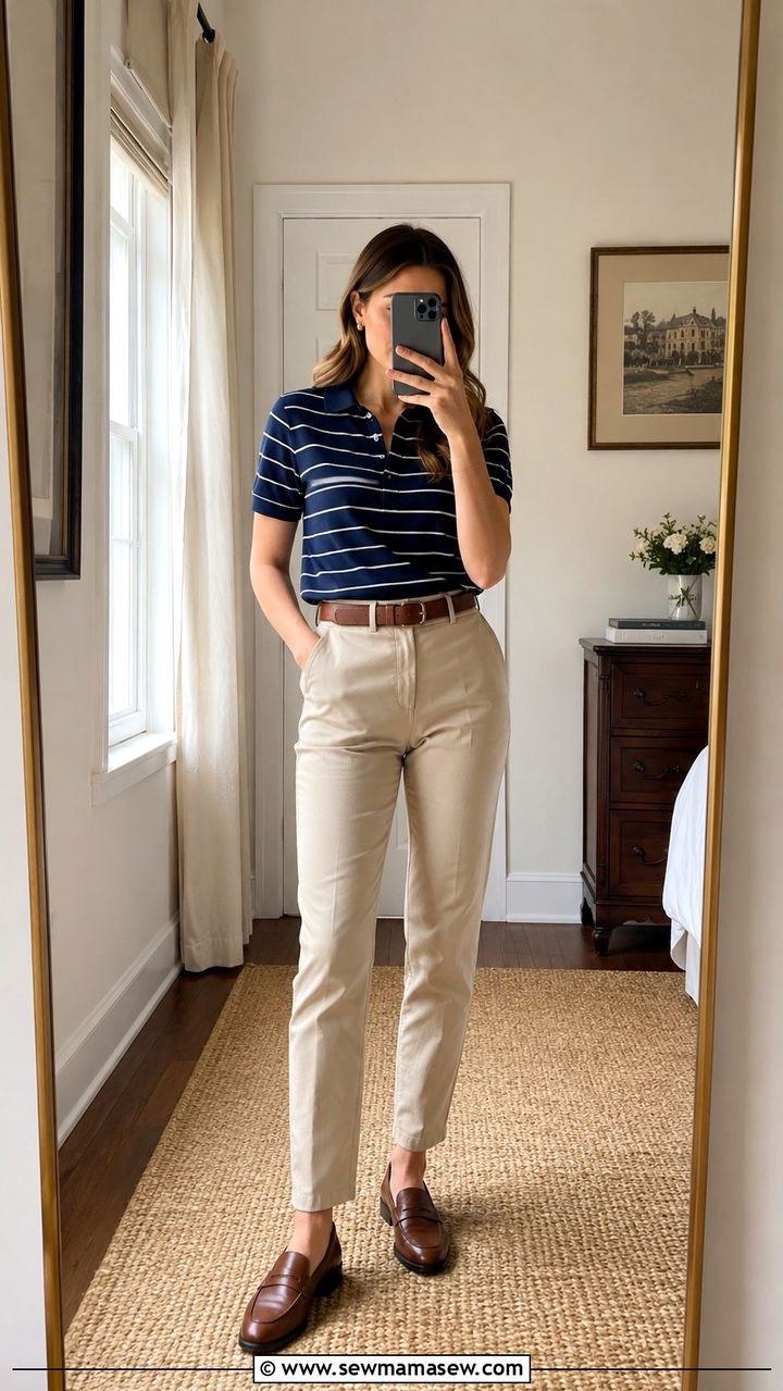 Striped polo with beige chinos - 25 Old money outfit ideas with polo