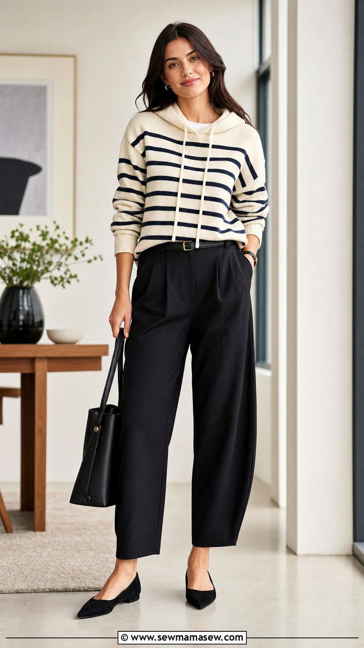 Striped pullover hoodie with barrelleg trousers and pointedtoe flats - 25 sporty chic outfits aesthetic