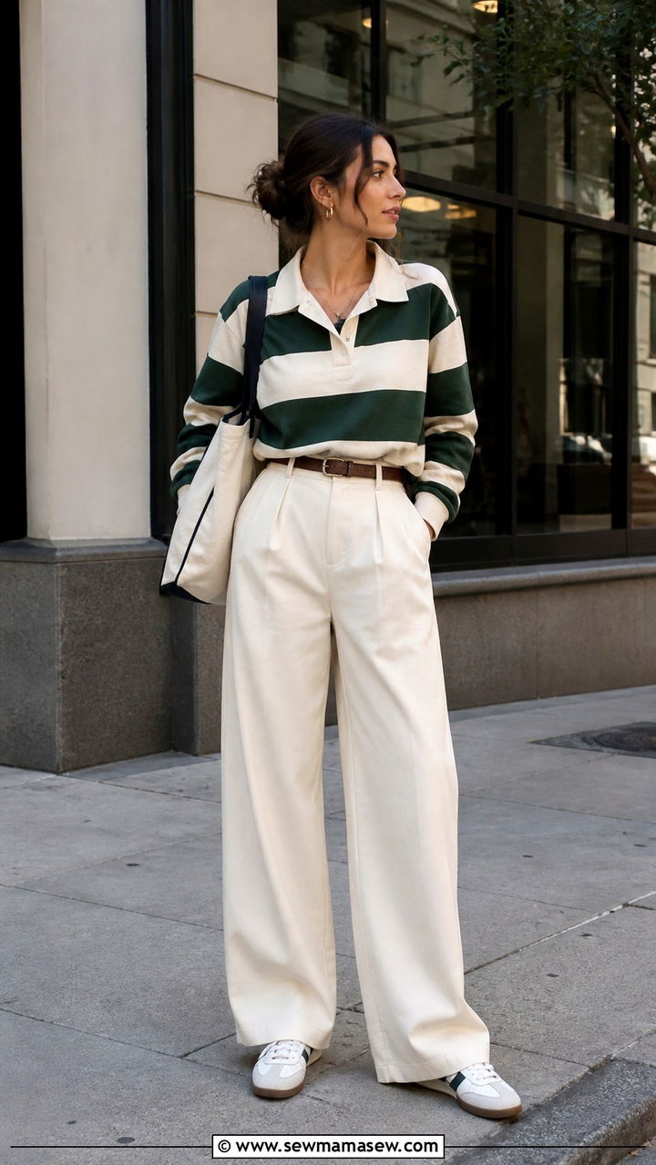 Striped rugby polo with cream wide leg trousers - 40 striped outfit ideas