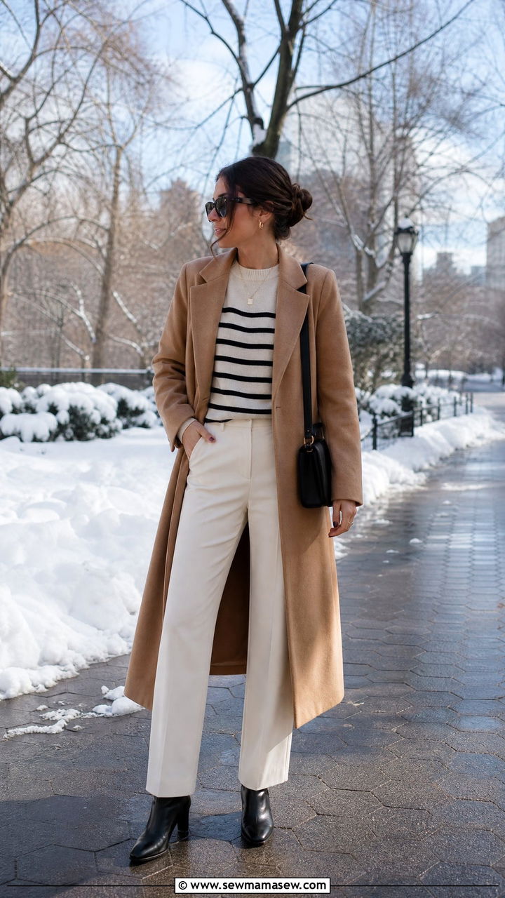 Striped shirt and camel coat outfit - 25 Old money outfit ideas with striped shirt