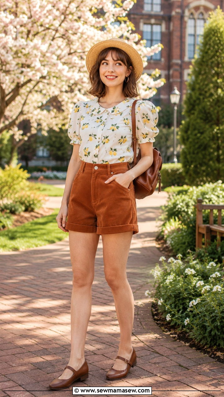 Striped shirt and corduroy shorts outfit - 30 Spring outfits for college girls