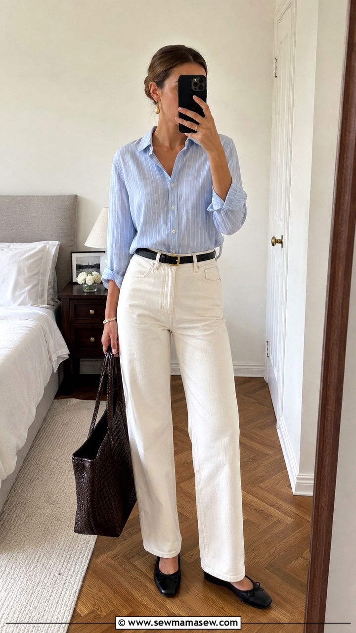 Striped shirt and cream jeans outfit - 25 Old money outfit ideas with striped shirt