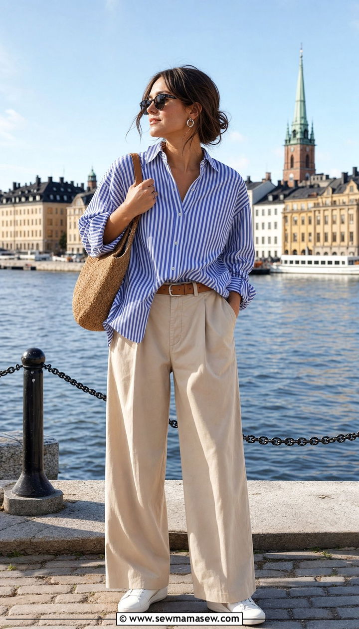 Striped shirt and wide leg trousers outfit - 25 Stockholm outfit ideas