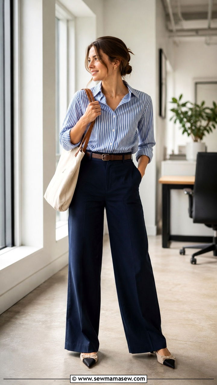 Striped shirt and wide leg trousers work outfit - 25 Work outfit ideas for Monday