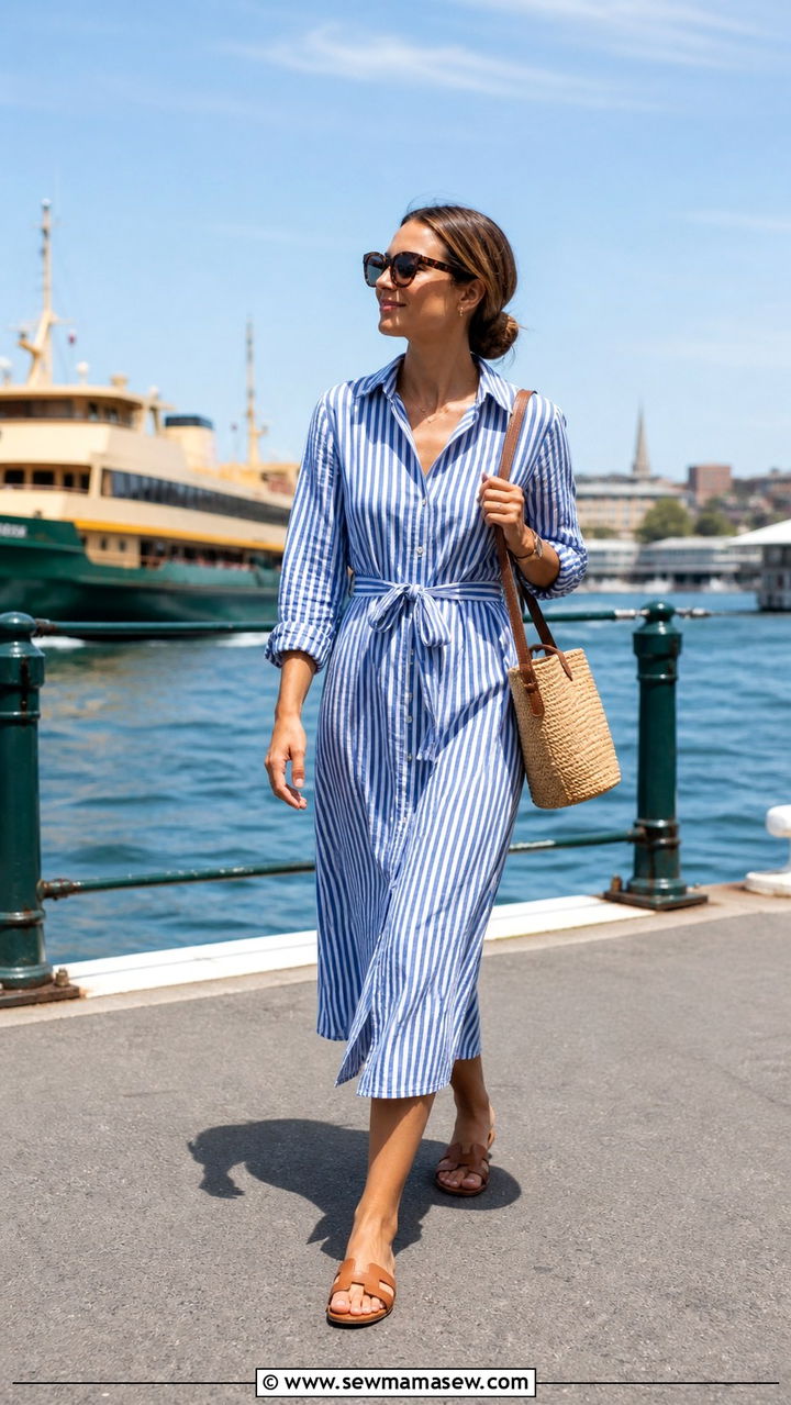 Striped shirt dress with flat sandals - 40 What to wear in Sydney