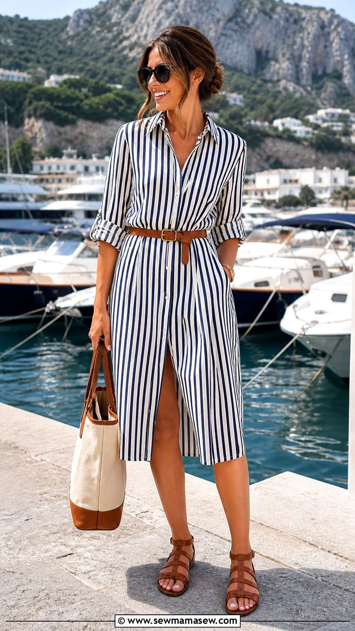 Striped shirt dress with gladiator sandals Italy - 40 Italy summer outfit ideas