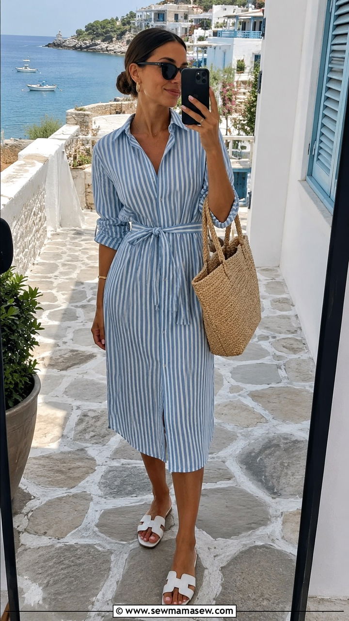 Striped shirt dress with leather sandals - 30 classy resort outfits