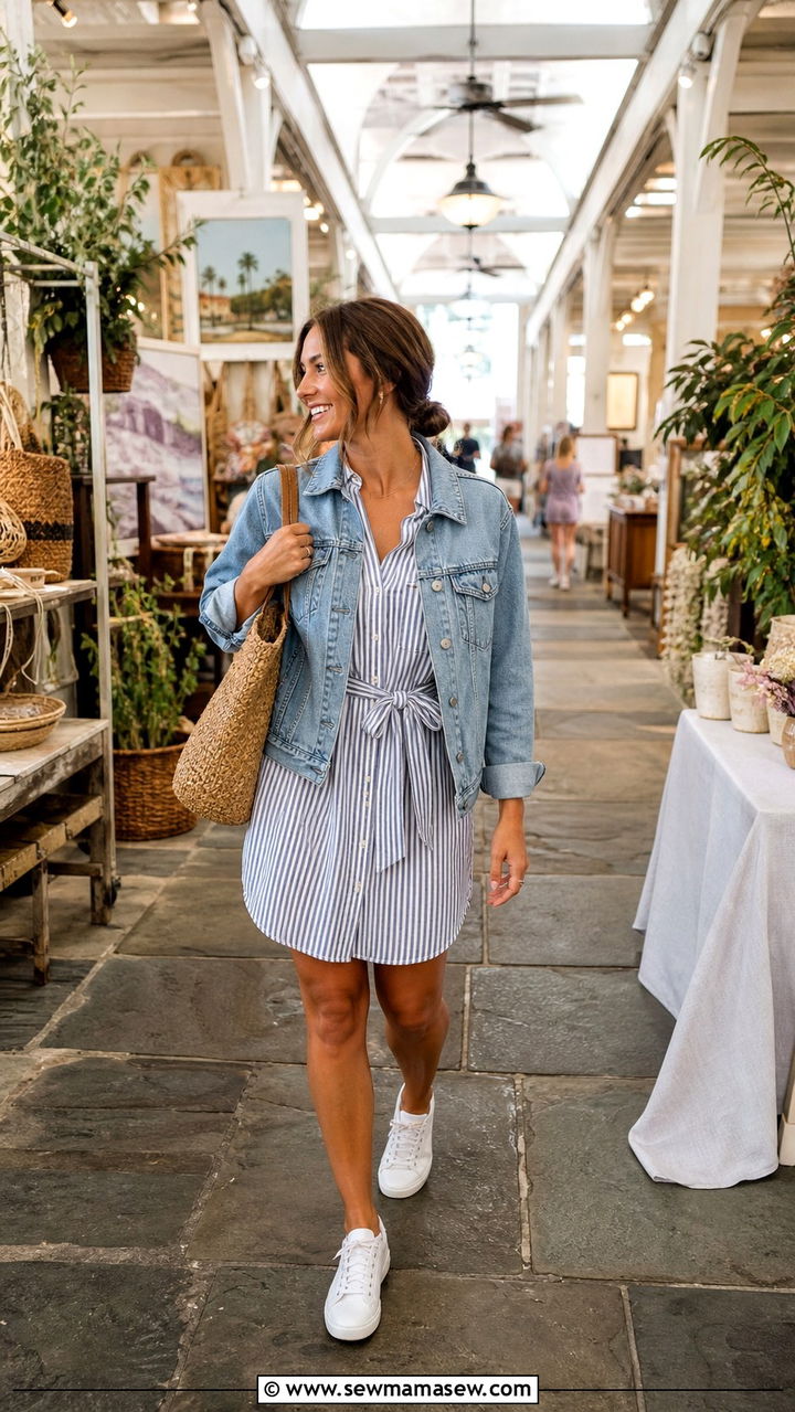 Striped shirt dress with white sneakers and a denim jacket - 40 What to wear in Charleston