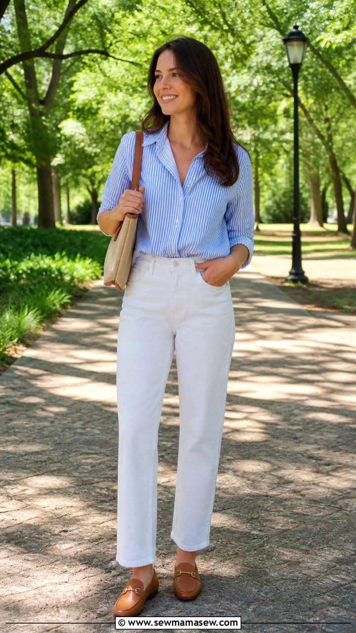 Striped shirt with white jeans and loafers outfit - 40 office outfits