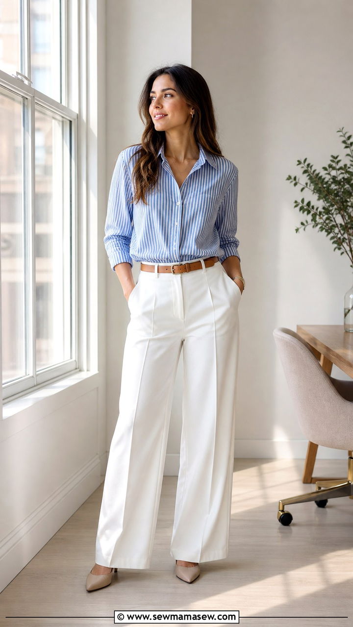 Striped shirt with white trousers and leather belt - 40 casual office outfits