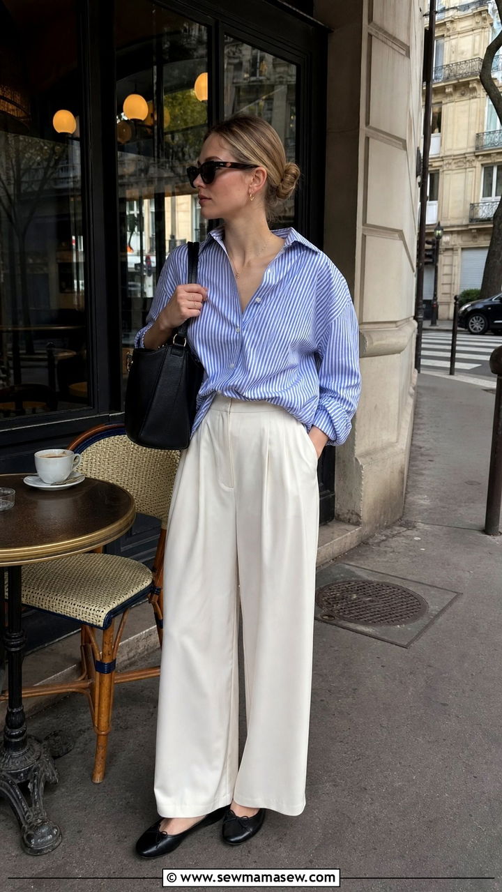 Striped shirt with wide leg trousers brunch outfit - 40 Chic brunch outfit ideas