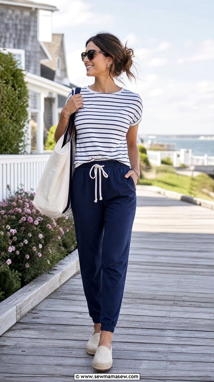 Striped short sleeve tee with drawstring joggers - 30 Summer outfits with joggers