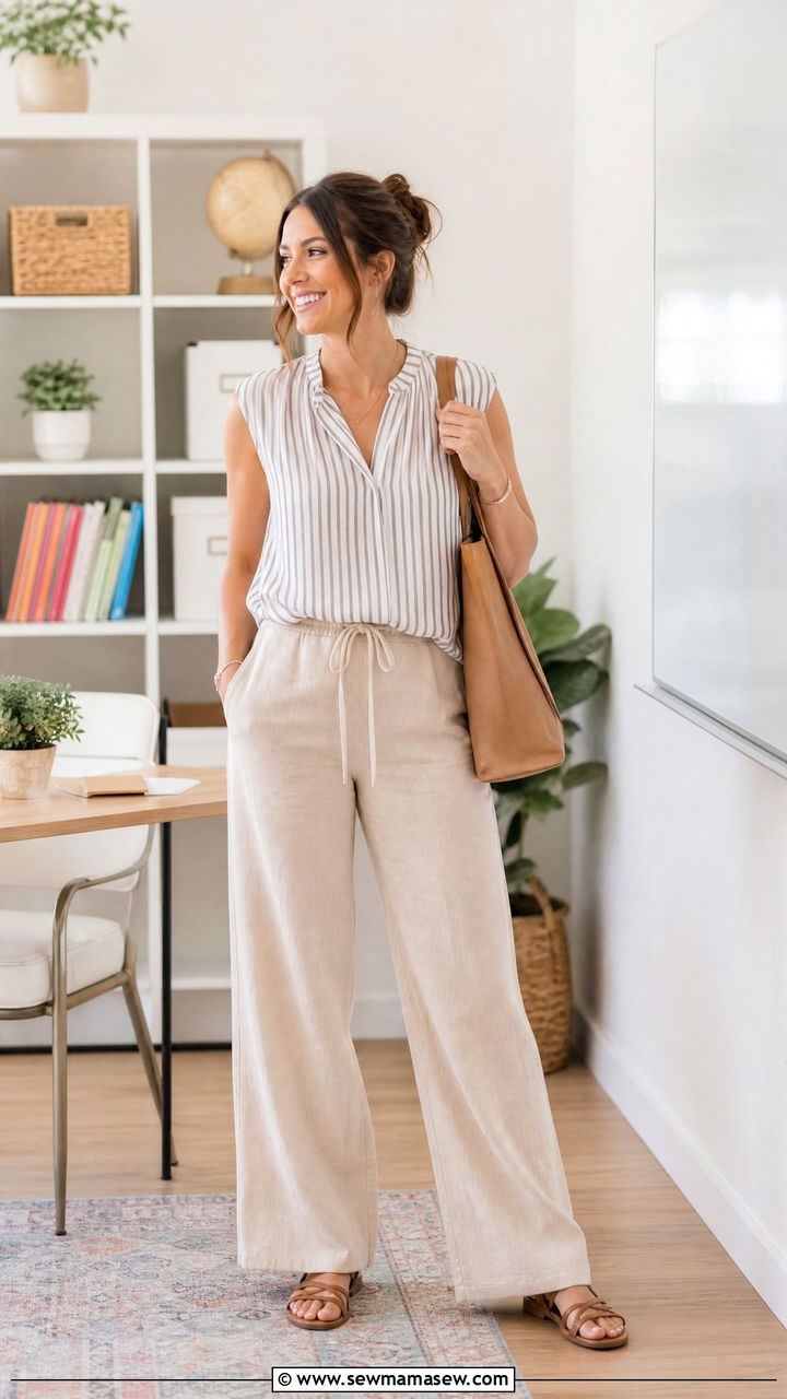 Striped sleeveless blouse with drawstring pants - 30 Summer outfit ideas for teacher