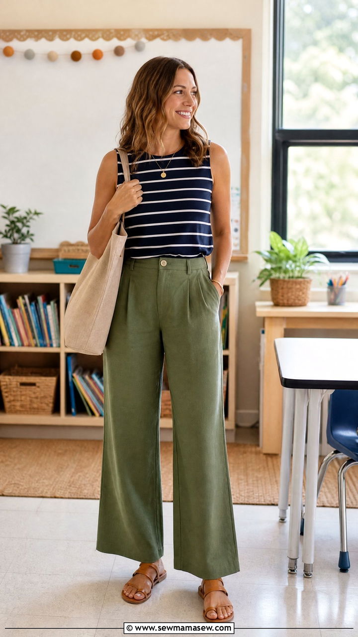 Striped sleeveless top with olive wide leg pants - 30 Summer outfit ideas for teacher