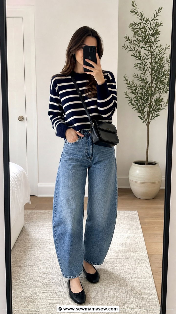 Striped sweater and barrel leg jeans - 40 Spring shopping outfit ideas