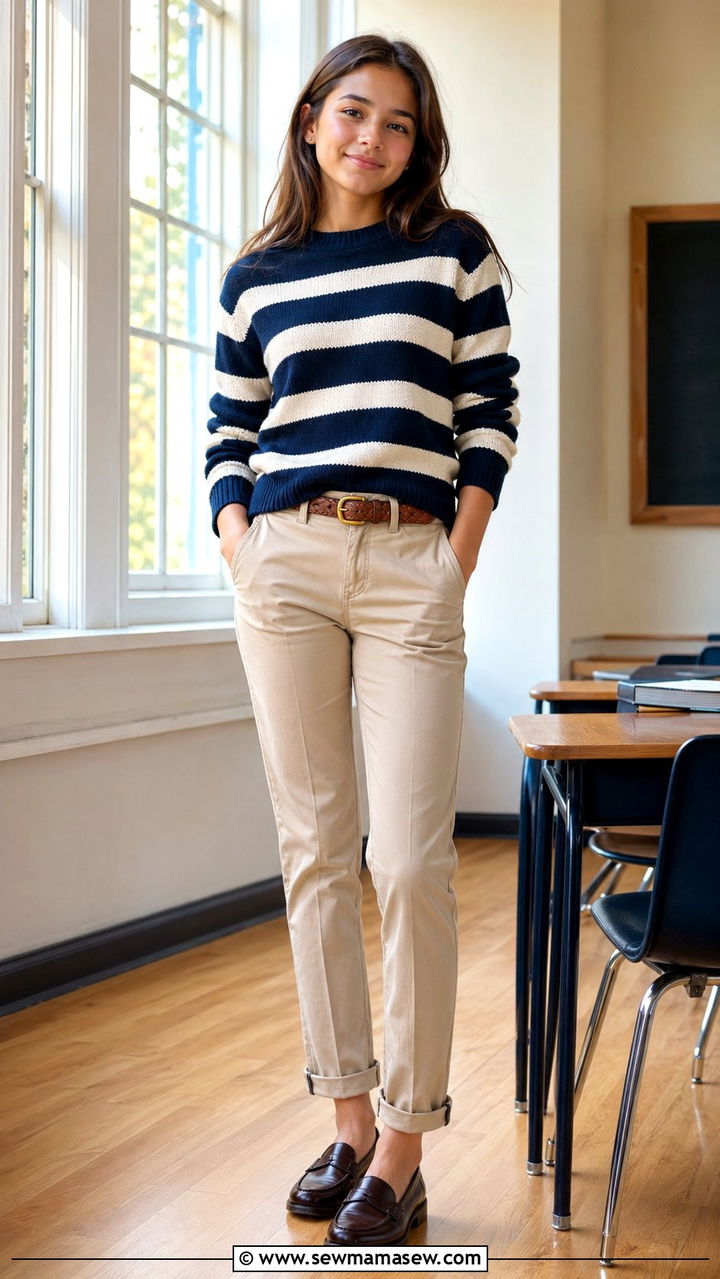 Striped sweater and chino pants preppy outfit - 35 Back to school outfit ideas 9th grade