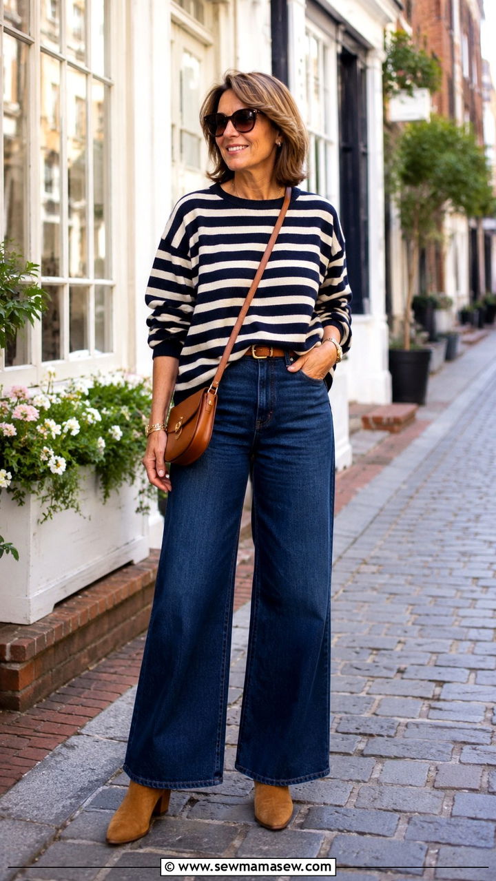 Striped sweater and dark blue wide leg jeans over 50 - 20 How to style wide leg jeans over 50