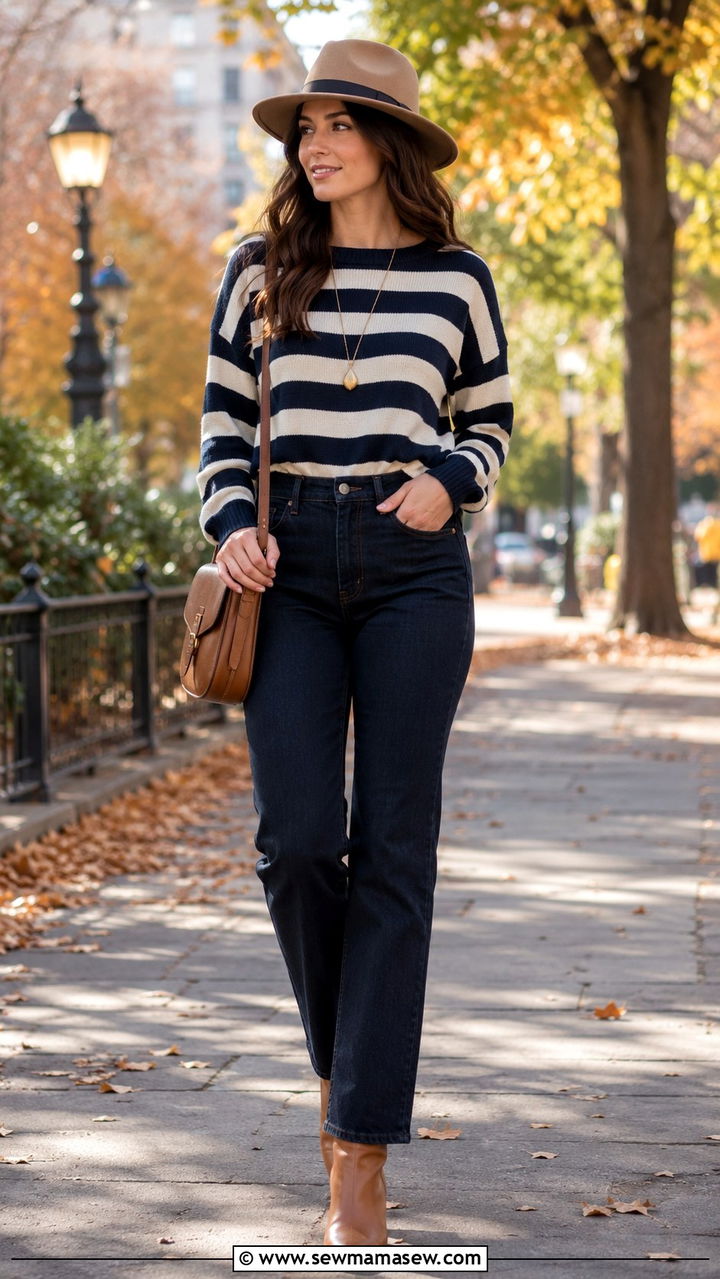 Striped sweater and dark straight jeans pear shape travel outfit for cooler days - 25 Travel outfits for pear shape