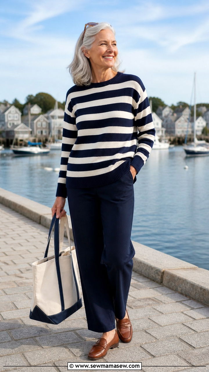 Striped sweater and navy trousers outfit for women over 60 - 40 How to dress in your 60s
