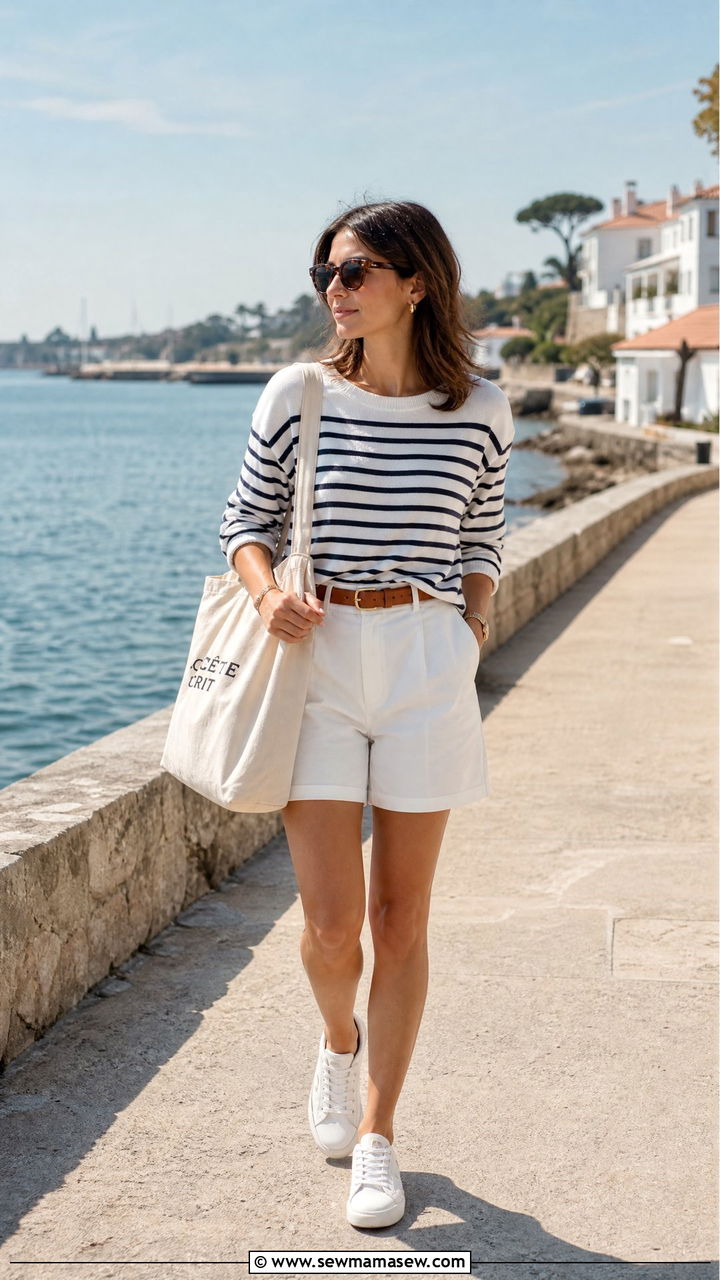 Striped sweater and white shorts outfit - 30 summer striped outfit ideas