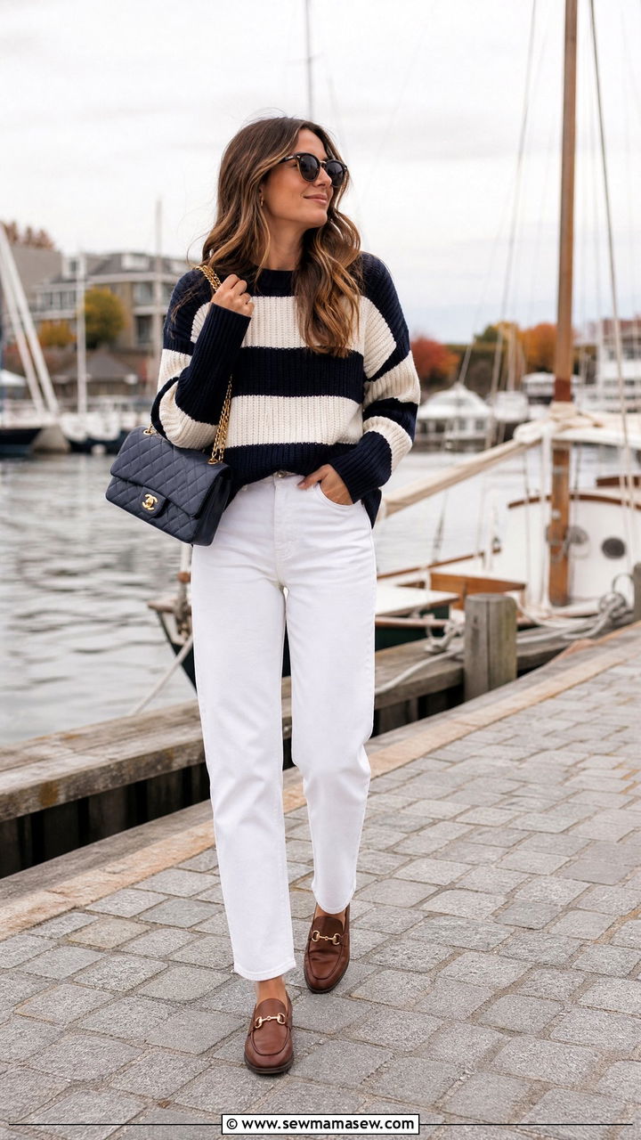 Striped sweater over white jeans with loafers - 25 Yacht club outfit ideas