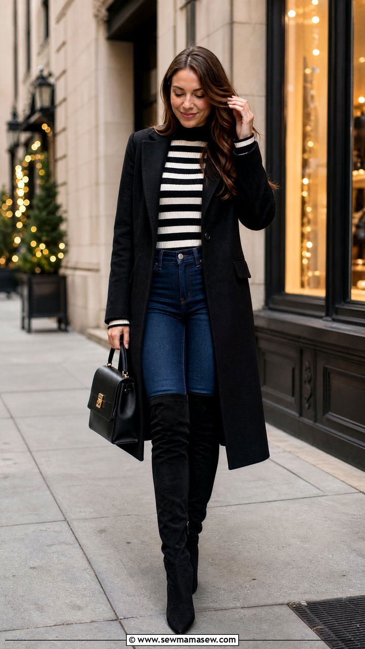 Striped sweater tucked into high rise skinny jeans with over the knee boots - 30 Striped sweater outfit ideas