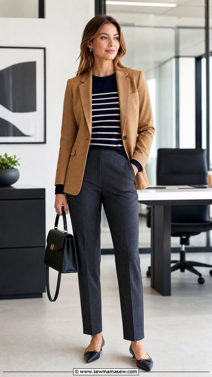 Striped sweater under a blazer with tailored trousers - 30 Striped sweater outfit ideas