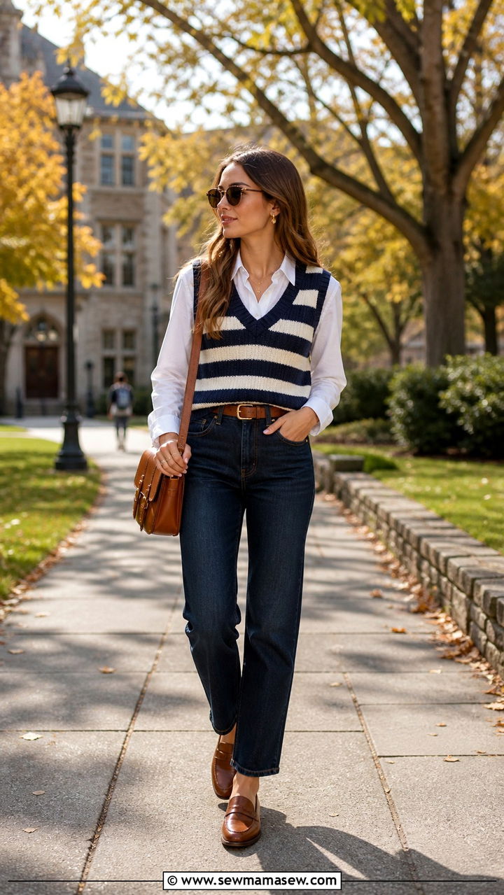 Striped sweater vest layered over a white collared shirt - 40 striped outfit ideas